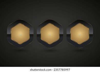 Three Luxury buttons of hexagon shapes with golden frame vector illustration. Premium realistic isolated website elements, golden glossy labels