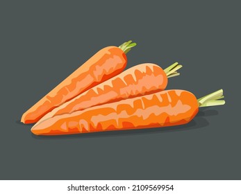 Three lying orange carrots with green stems.