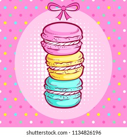 Three macaron cakes on a colorful background. Greeting card. Pop art vector illustration.