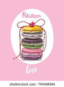Three Macaron cakes with ribbon on a pink background. Vector illustration.