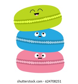 Three macaron or macaroon icon. Sweet bakery pastry cookies set with face. Cute cartoon smiling character collection. Fast food snack. Isolated. White background. Flat design. Vector illustration