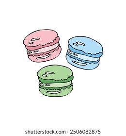 Three macaroni cookies. Blue, pink, green. Dessert of two layers with cream in the middle. Color vector clip art , A French confection, Cartoon style.