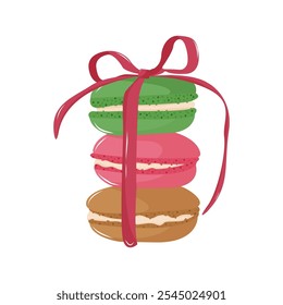 Three macarons in pink, green, and brown. Valentine's Day, Romance, Love concept. Isolated Illustration for poster, banner, advertising, invitation, cover. EPS 10