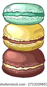 Three macarons stacked on top of each other, with one being yellow
