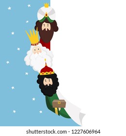 Three magi. Biblical kings Caspar, Melchior and Balthazar. Christmas vector illustration background, web banner for Spanish Dia del Reyes holiday with blank list of paper. Flat design.