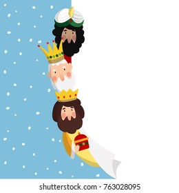 Three magi. Biblical kings Caspar, Melchior and Balthazar. Vector illustration background, web banner for Spanish Dia del Reyes holiday with blank list of paper.