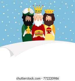 Three magi. Biblical kings Caspar, Melchior and Balthazar. Vector illustration background, web banner for Spanish Dia del Reyes holiday with blank list of paper.