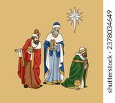 Three Magi Kings, Gaspar, Melchior, Balthazar, and Star in Christmas Nativity Scene Colorful Vector Illustration