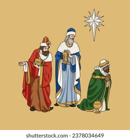 Three Magi Kings, Gaspar, Melchior, Balthazar, and Star in Christmas Nativity Scene Colorful Vector Illustration