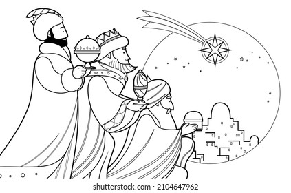 Three magi, Three kings, Three Wise Men cartoon outline vector illustration for coloring book page. Line art, line drawn nativity or epiphany vector for children. Melchior, Caspar and Balthasar.