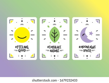 Three magic cards with happy messages. Yellow, green and violet. Sun, nature and moon feeling. 