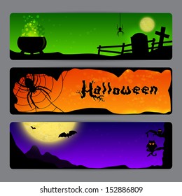 Three Magic Halloween banners with spiders, bats and owls
