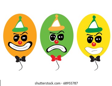 three magic heads of clown, balls, emotion
