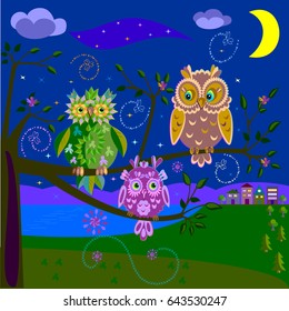 Three magic owls sit on a tree at night. Vector illustration.