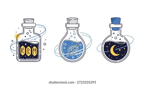 Tres botellas mágicas de poción que contienen diferentes líquidos como runas, una hoja y una luna creciente con estrellas.