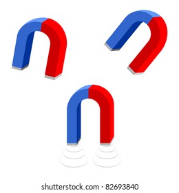 Three magnets on a white background. Magnets are located in different position.