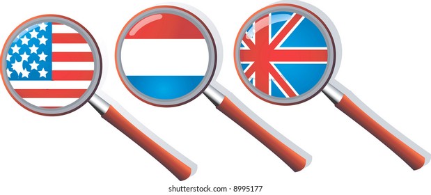 three magnifying glasses with nation flags	