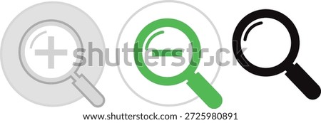 Three magnifying glasses with plus minus and empty symbols inside circles plus symbol minus symbol