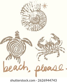 Three main elements stand out in the image: a stylized turtle, a crab and a seashell. The turtle's shell is decorated with spiral patterns, while the crab is decorated with leaf-like motifs