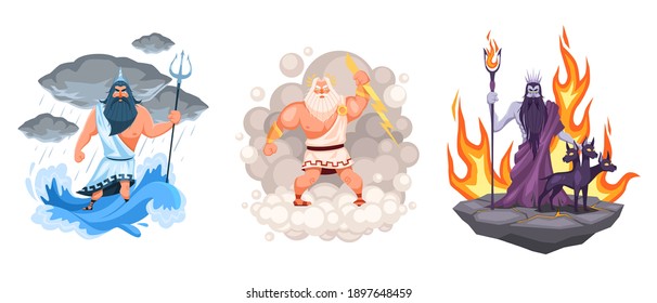 Three main greek gods. Cartoon Zeus, Poseidon and Hades elements surrounded, waves, clouds and fire environment, ancient mythology. Characters on olympus mount, religious person vector cartoon concept