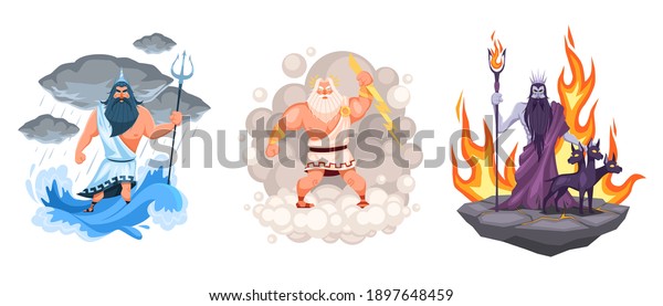 Three main greek gods. Cartoon Zeus, Poseidon and\
Hades elements surrounded, waves, clouds and fire environment,\
ancient mythology. Characters on olympus mount, religious person\
vector cartoon concept