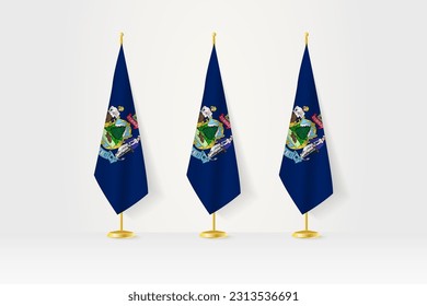 Tres banderas de Maine en fila en un puesto dorado, ilustración de la conferencia de prensa y otras reuniones. Ilustración vectorial.