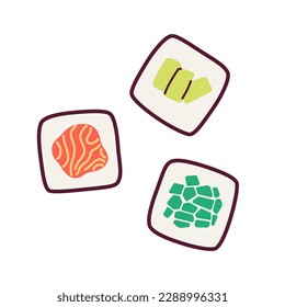 Three maki rolls with fish and vegetables semi flat colour vector object. Avocado, salmon sushi. Editable cartoon style icon on white. Simple spot illustration for web graphic design and animation
