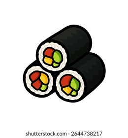Three maki sushi rolls stacked, filled with avocado, bell pepper, and mango, wrapped in nori seaweed, on a white background.