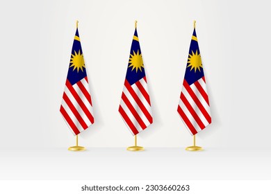 Three Malaysia flags in a row on a golden stand, illustration of press conference and other meetings. Vector illustration.