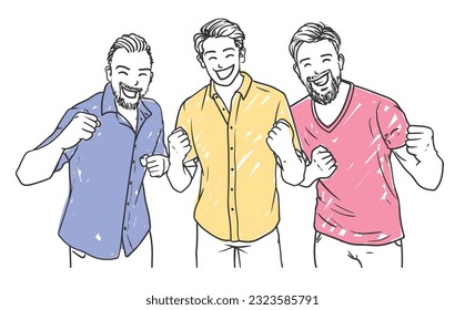 Tres mejores amigos hombres se ríen y disfrutan juntos de ilustraciones de vector dibujadas a mano 