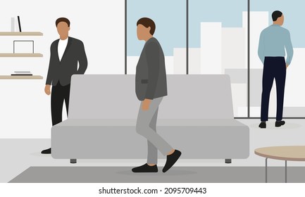 Three male characters in business attire stand in a room with furniture and a panoramic window