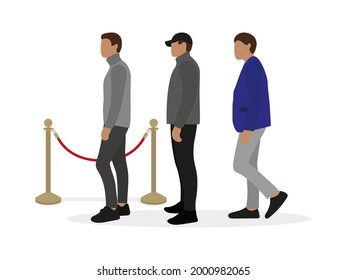 Three male characters stand in front of the fence posts with a red cord