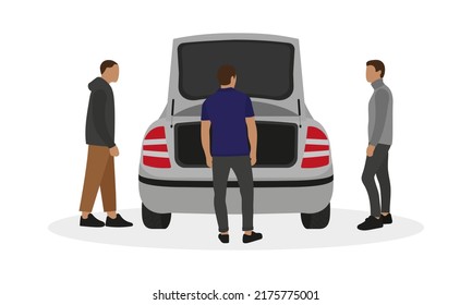 Three male characters are standing near a car with an open trunk on a white background