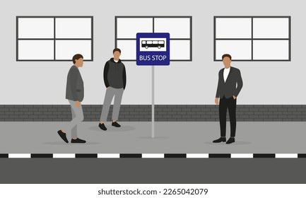 Three male characters are standing on the sidewalk near a bus stop sign