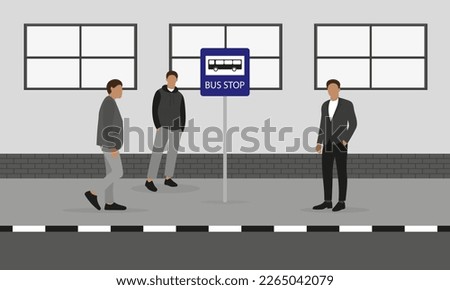 Three male characters are standing on the sidewalk near a bus stop sign