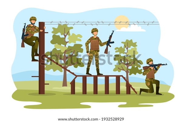 Three\
male characters are training for soldiers together. Men in\
camouflage are overcoming obstacles to become stronger. Concept of\
military training. Flat cartoon vector\
illustration