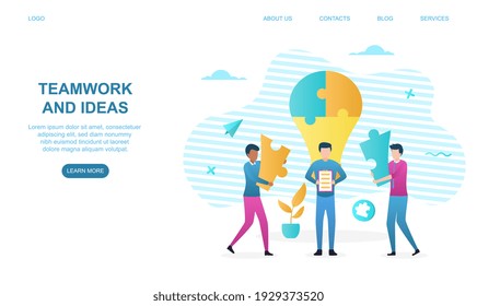 Three male characters are working on ideas as a team. Men are assembling puzzle parts together. Website, web page, landing page template. Flat cartoon vector illustration
