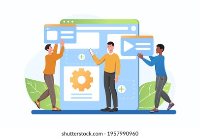 Three male characters are working on website specification as a team. Male specialists are checking we page tech specifications together. Concept of web development. Flat vector illustration.