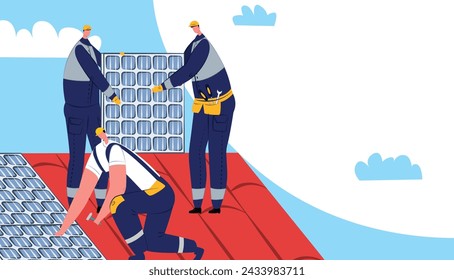 Three male construction workers installing solar panels roof. Technicians working solar modules renewable energy project. Sustainable technology green jobs vector illustration