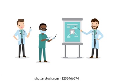 Three male doctors,different poses.Dentist,pediatrician and doctor at the presentation.Isolated on white background,flat vector illustration