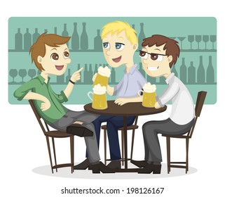 Three male employee enjoy drinking beer on a bar