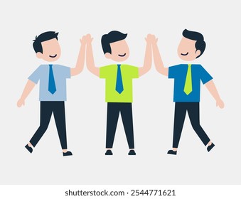 Three Male Employees doing High Five celebrating their success. Teamwork or collaboration to success. Employee cooperation, team target, leadership, collaboration vector illustration.