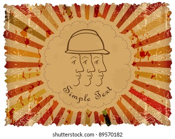 Three male facial profile under a construction helmet on vintage background
