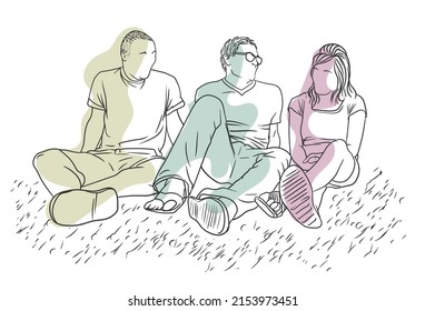 Three male and female friends talking and laughing, sitting on the ground, simple line art hand-drawn illustration