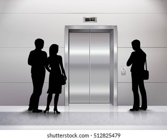 Three male and female people silhouettes standing in front of modern elevator and waiting for it realistic vector illustration