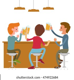 Three Male Friends having fun and drinking beer, clinking  at pub, bar, cafe or restaurant.  Vector illustration in flat style.Isolated