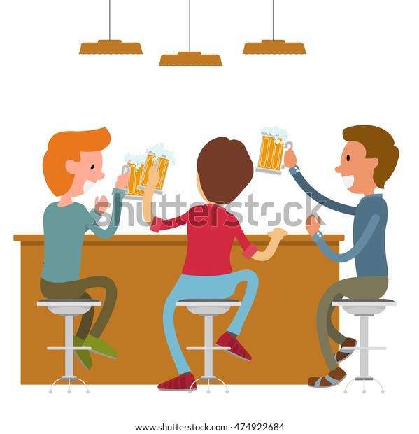 3人の男性の友人が パブ バー カフェ レストランでカリカリと酒を飲みながら 楽しいビールを飲む フラットスタイルのベクターイラスト 分離型 のベクター画像素材 ロイヤリティフリー