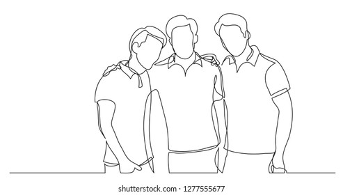 three male friends posing and hugging - one line drawing