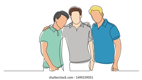 Three Male Friends Posing And Hugging - One Line Drawing