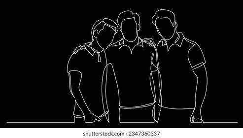 three male friends posing and hugging - one line drawing